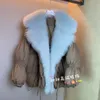 Parka da donna con collo in pelliccia di volpe naturale con cappuccio color block in piumino d'anatra bianco caldo ispessimento moda elegante cappotto parka SM