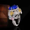 Banda anéis de casamento anéis vintage jóias luxo grande safira 925 prata esterlina para mulheres elegante flor noivado banda aniversário 230712 x0920