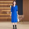 Autumn Winter V-Neck Blue Sweaters Dress 2023 Women Designer Long Sleeve Slim Vacation Party Lace Up knitted jumper Dress Going Out Travel Fine Elegant Midi Frocks