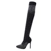 Stövlar Sexiga lår Kvinnors High Fashion Crystal Stretch Fabric Sock Boot Pointed Toe OvertheKneKe Heel Stripper Skor STORLEK 3543 230920