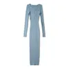 Grundläggande casual klänningar 820 Gulichic Women Sticked Dress Oneck Solid Color Long Sleeve Collect midja mager Midi 230920