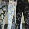 Jeans masculinos preto azul estrela padrão remendo rua homens motocicleta calça punk denim 3 cores hip hop jean pantalon homme trendy229m