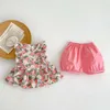 衣類セット2023夏の幼児の女の女の子2PCS服セット綿の袖の花柄のトップスピンクショーツスーツメッシュレースの幼い女の子のドレス
