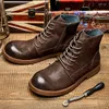 Botas Estilo Britânico Retro Lazer Chunky Bottom Costura Cross-amarrado Couro de Grão Completo Homens Tornozelo Alto Top Motocicleta 2308