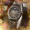 Hollow Skeleton Dial Automático Fecha Hombres Relojes Moda de lujo para hombre Banda de acero completa Movimiento de cuarzo Reloj Oro rosa Plata Ocio Reloj de pulsera Regalos