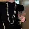 Masowe perełki łańcuchowe naszyjniki 4 liście koniczyny podwójne warstwy długą sieć swetrów dla kobiet festiwale imprezowe biżuteria prezentowa
