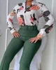 Plus size Dresses European and American casual suit printed standing collar long sleeved shirt top wide leg pants twopiece set hjts 230919