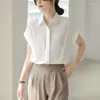 Women's Blouses White Ruched Blouse Summer Women Button Up Shirt Fashion Turn-down Collar Short Sleeve Irregular Loose Top Woman Office Wear