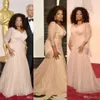 Oprah Winfrey Oscar Celebrity Blush Pink Mother of the Bride Dresses V Neck Tulle långa ärmar Draped Sweep Train Party Formal Eve2787