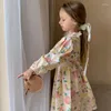 ガールドレス2023年秋の子供ブティック服ベビードレスかわいいレース襟韓国の花のプリント長袖ファッションオールマッチ