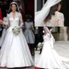 Classic 2021 Cheap White A Line Wedding Dresses V Neck Sheer Long Sleeve Appliqued Lace Kate Middleton Buttons Back Royal Bridal G268U