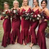 2019 Dark Red Bridesmaid Dresses High Low Spaghetti Straps V-neck Tea Length Mermaid Wedding Party Gowns Fashion Boho Maid Of Hono2314