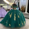 2024 Emerald Green Sweetheart Off the Shoulder Quinceanera Dresses Gold Appliques Beaded Crystal Sweet 15 16 Prom Party Gowns