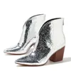 Ботинки золотого, серебряного цвета, ботильоны на молнии, с острым носком, квадратный и на высоком каблуке, кожаный дизайн со змеиным принтом для женщин, Botas Mujer 230920