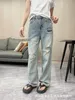 Damenjeans Designer 2023 Neue bedruckte perforierte Jeans für Damen Sommer Ins Hohe Taille Waschbare gerade Röhre Bodentürme für Damen VOYO