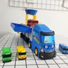 Diecast Modelauto Cartoon Tayos De Kleine Bus Container Truck Opbergdoos Parkeerplaats Met 3 Pull Back Mini Auto Speelgoed voor Kinderen Verjaardagscadeautjes 230919