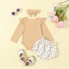 Ensembles de vêtements pour bébé fille, combinaison à volants, manches longues, barboteuse, haut et short floral, ensemble avec bandeau, 3 pièces