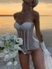 Mulheres camisetas Moda Mulheres Crop Bandeau Sheer Bandage Corset Tops Backless Verão Streetwear Club Wear Roupas Estéticas S M L