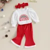 Kleidungssets Weihnachten 02Y Baby Mädchen Outfits Briefdruck gerippte lange Ärmel Strampler und ausgestellte Hosen Stirnband Herbstkleidung 230919