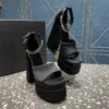 Aevitas satin Sandals pumps crystals shoes Black Exposed toe 15.5cm chunky platform Heel Square toe Women Luxury Designers party block shoe factory footwear