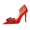 Robe Chaussures Banquet Rouge Talons Hauts Mariage Pour Femmes Stiletto Pointu Côté Creux Strass Bow Pompes