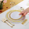 Disposable Dinnerware 100/50 Gold Dessert Plates 7.5" with Pieces Disposable Forks 7.4" Set Lace Design Wedding Party Plastic Plates Fancy Salad Plate 230920