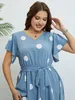 Plus size Dresses Aline Size Pullover Elegant Blue Summer Vneck Strap Waist Slimming Dress Woman Silky Polka Dot Print Midi 230920