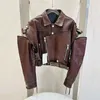 Women's Leather Women Coat Spring And Autumn 2023 Short Length Genuine Jacket With Belt Vintage To Do Old Craft Sleeve Removable