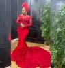 Robes de soirée en dentelle à paillettes rouges femmes nigérianes à manches longues col transparent robe de bal sirène Aso Ebi robes de soirée pour occasions spéciales