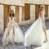 Deep V Neck Lace Jumpsuit 2021 See Through Wedding Dresses with Detachable Train Long Sleeve Bridal Gowns vestido de novia230W