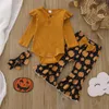 Clothing Sets Infant Girls Long Sleeve Halloween Ribbed Romper Bodysuit Cartoon Pumpkin Prints Bell Bottoms Pants Toddler Girl Winter