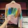 Mulheres Camisetas Miyake Plissado Pintura A Óleo T-shirt Cor Bloqueando Pescoço Redondo Mangas Compridas Primavera Verão Ponto Mulheres Roupas Gráfico