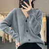 Women's Knits European Station Spring And Autumn V-neck Wool Knitted Cardigan Thickened Design Sense Grey Sweater Jacket Single-breast