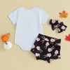 Kläder set sommar halloween spädbarn baby flickor kläder brev tryck kort ärm romper och shorts söta pannband kläder 230919