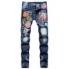 Blau Streetwear Abzeichen Gestickte Jeans Männer Mode Slim Fit Ripped Loch Denim Hosen Schwarz Männlich Marke Clothing275A