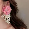 Boucles d'oreilles pendantes pour femmes, style bohémien, nœud papillon, perles, fleur, tissu, pompon, clou d'oreille, déclaration exagérée coréenne, bijoux pour filles