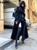 Kadın Yün Karışımları Lautaro Bahar Sonbahar Ekstra uzun boylu serin yansıtıcı parlak siyah paten deri trençkot kadınlar için kemer pist moda l230920