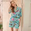 Damen-Schlaflounge QSROCIO Damen-Sommer-Pyjama aus Seide wie Seide, dünne Kurzarm-Shorts, lässige Heimkleidungsset, modische Flamingo-bedruckte Nachtwäsche L230920