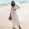 Casual Dresses Happie Queens Women Flare Sleeve White Hollow Out Beach Bohemian Maxi Robe Lady V-neck Wrist Summer Evening Dress