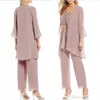 Rose Pink Mother of the Bride Pants Suits Chiffon Mother of The Bride with Jacket Lady For Wedding Party Bridal Evening Wear308M