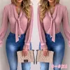 Fashion-Women Blouses Fashion Long Sleeve V-neck Pink Shirt Chiffon Office Blouse Slim Casual Tops Plus Size S-5XL244J