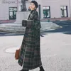 Women's Wool Blends Women Vintage Plaid Wool Jacket Elegant Overcoat Loose Long Belt Single-Breasted Coat Spring Autumn New Woolen Windbreaker L230920