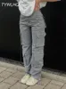 Spodnie damskie Capris Vintage Cargo Spodnie w lupgy dżinsy mody mody 90S Streetwear Pockets szeroka noga wysoka talia prosta dżins