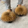 Slippers Summer Real Fur Slippers Ladies House Shoes Women Fluffy Raccoon Fur Slides Flip Flop Flat Furry Outdoor Sandals Woman Shoes 230920