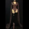 Sexig leopard tryckt bodysuit V-ringning Spandex Shawl Gloves Party Stage Outfit Women Dancer Singer Nightclub Bar DJ DS Performance C2159