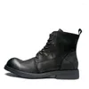 Boots British Style Retro Leisure Chunky Bottom Sewing Cross-tied Full Grain Leather Men Ankle High Top Motorcycle 2308