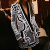 Women's Suits Blazer Vintage Print Chic Elegant Ladies Jacket In Outerwears V-Neck Long-Sleeved Thickened Mid-Length