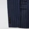 Trajes para hombre de doble botonadura para hombres Gris Azul marino Rayas Caballero Traje masculino Dos piezas Aseo para hombre Últimos diseños de pantalón de abrigo Q1137