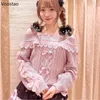 Kadın Sweaters Vintage Tatlı Lolita Stil Örme Kükürük Sonbahar Kızlar Sevimli Omuz Dantel Ruffles Yay Sweater Kadınlar Harajuku Triko