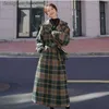 Women's Wool Blends Women Vintage Plaid Wool Jacket Elegant Overcoat Loose Long Belt Single-Breasted Coat Spring Autumn New Woolen Windbreaker L230920